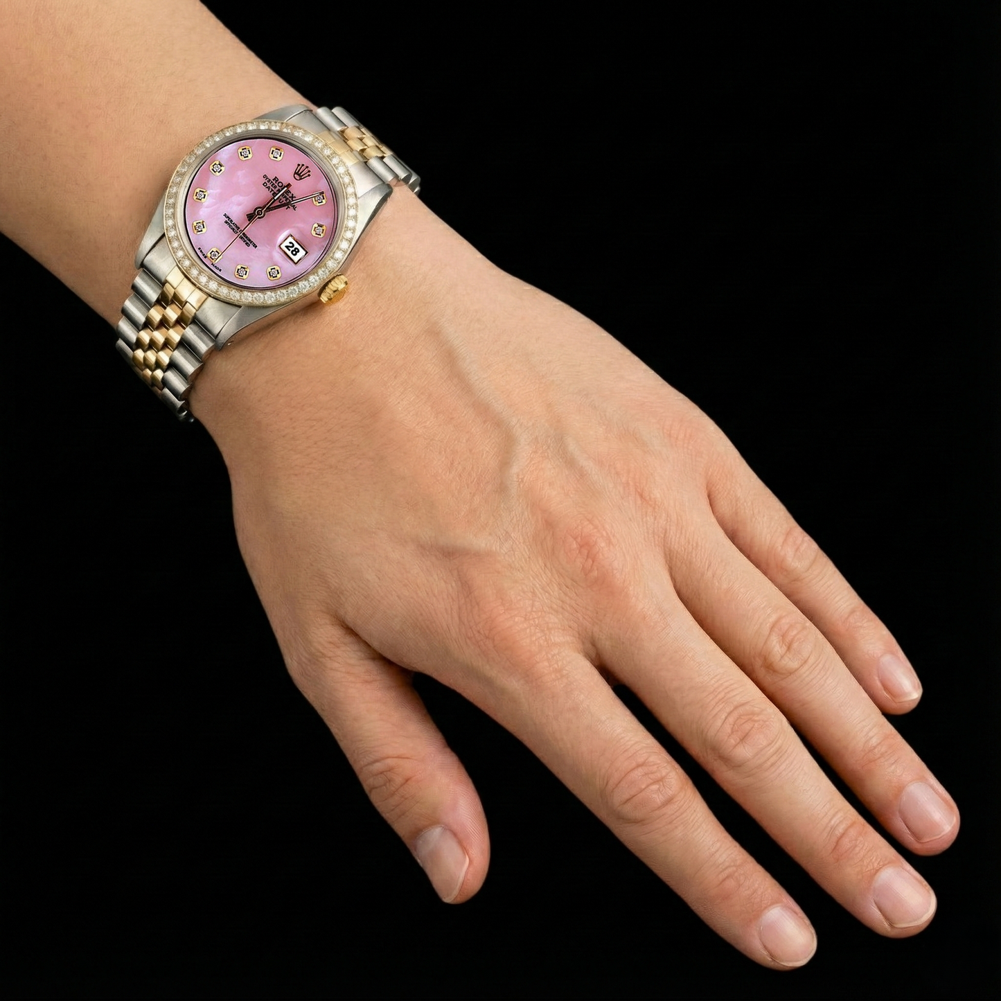 Ss Gold Jubilee Bracelet & Dj Rolex Pink Natural Earth Mined Diamond Dial Bezel Watch QUICK SET