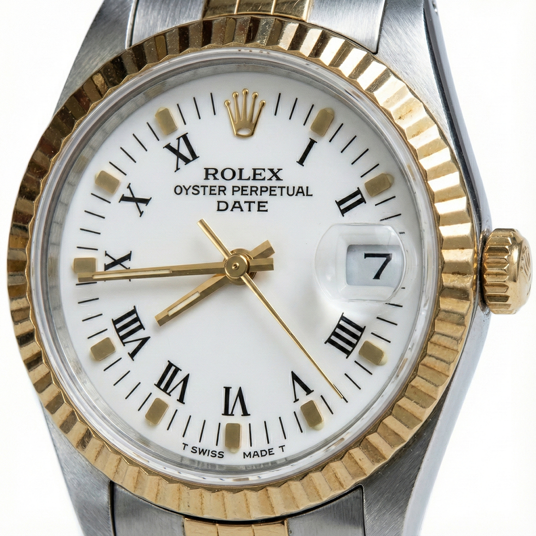 Ss & Gold Jubilee Bracelet Date Watch White Roman Dial Fluted Bezel