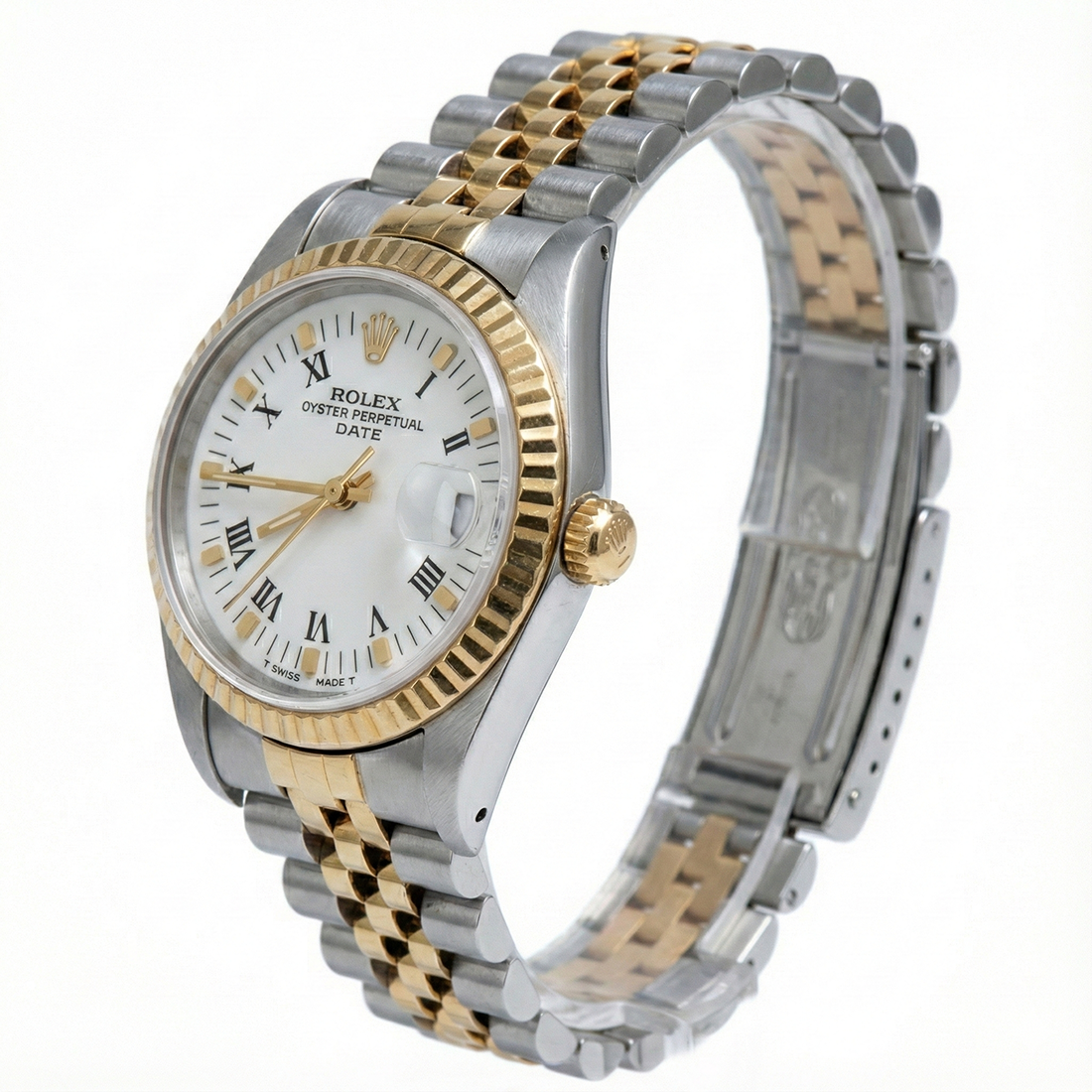 Ss & Gold Jubilee Bracelet Date Watch White Roman Dial Fluted Bezel