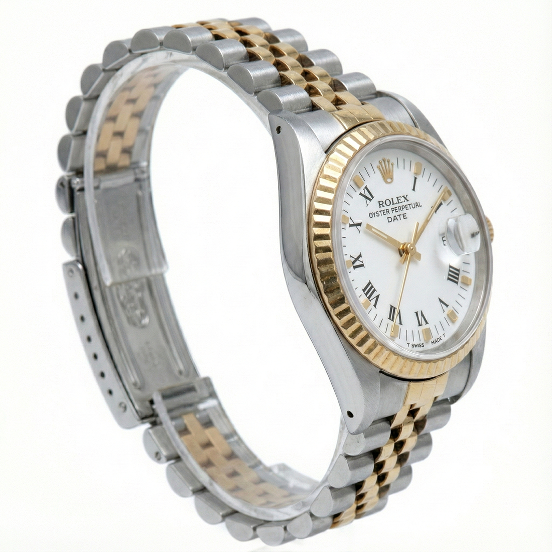Ss & Gold Jubilee Bracelet Date Watch White Roman Dial Fluted Bezel
