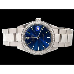Ss Datejust Watch Natural Earth Mined Diamond Bezel Rolex Blue Stick Dial QUICK SET