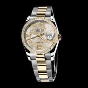 Ss & Gold Ladies Man Rolex Date Just Watch Two Tone Flower Dial QUICK SET