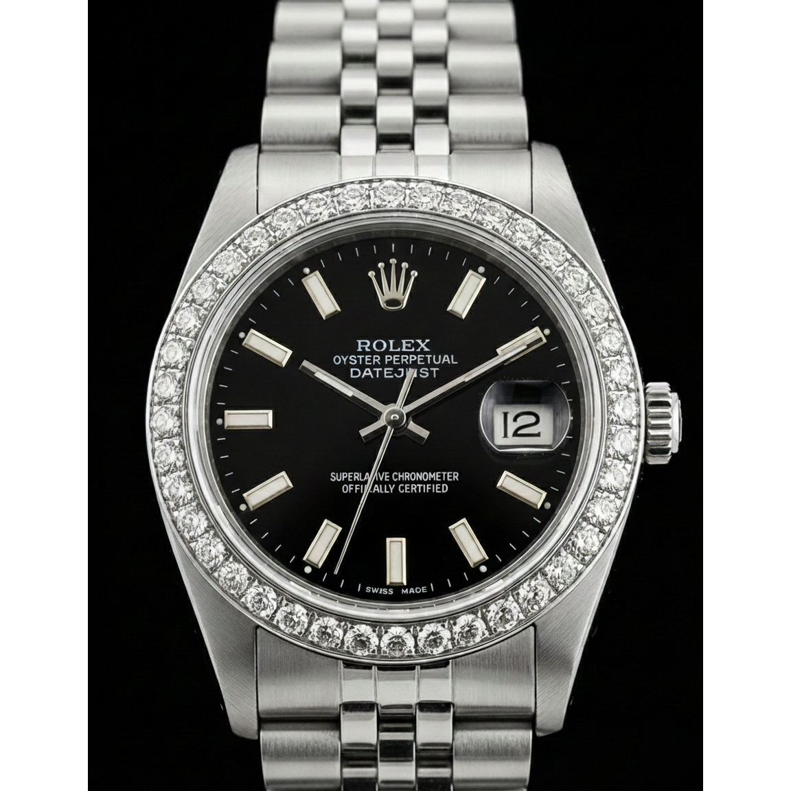 Ss Jubilee Bracelet Black Stick Dial Natural Earth Mined Diamond Bezel Rolex Watch