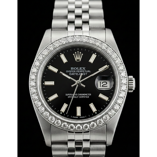 Ss Jubilee Bracelet Black Stick Dial Natural Earth Mined Diamond Bezel Rolex Watch