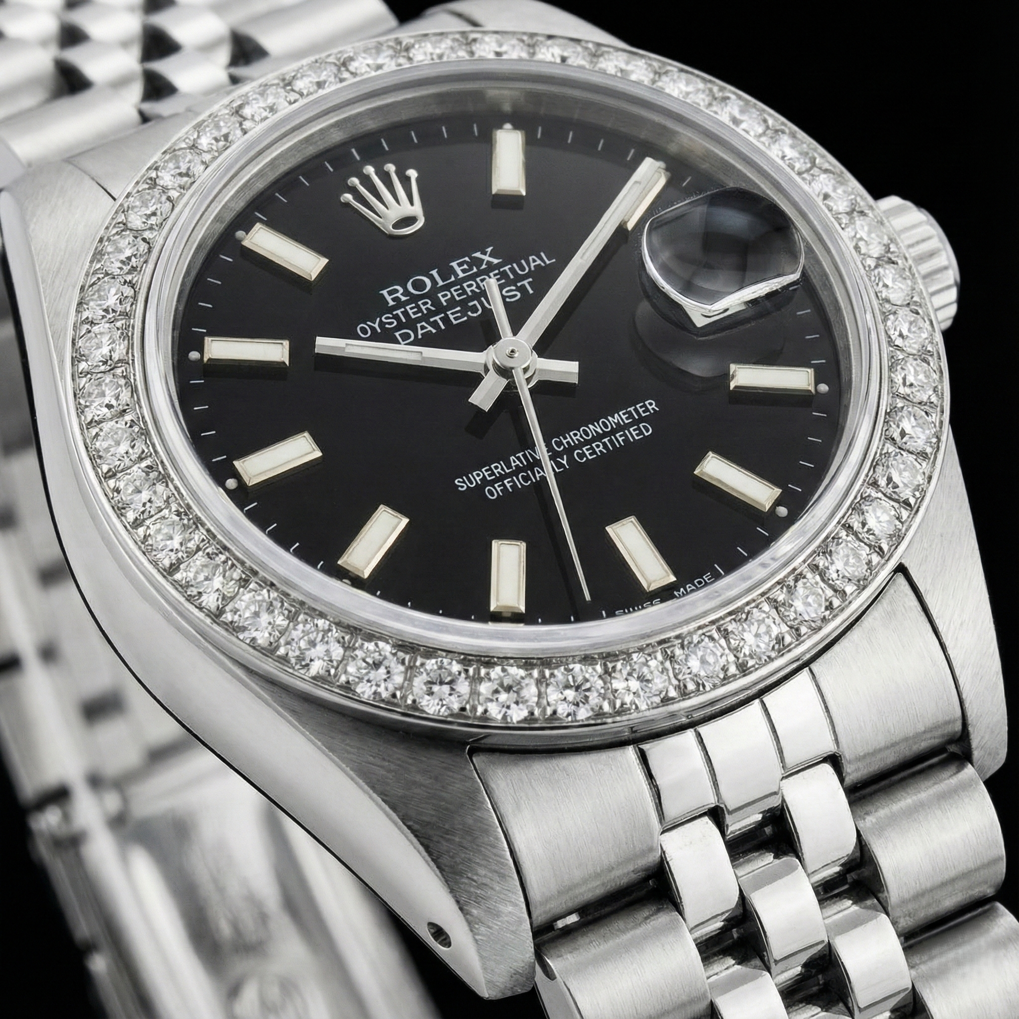 Ss Jubilee Bracelet Black Stick Dial Natural Earth Mined Diamond Bezel Rolex Watch