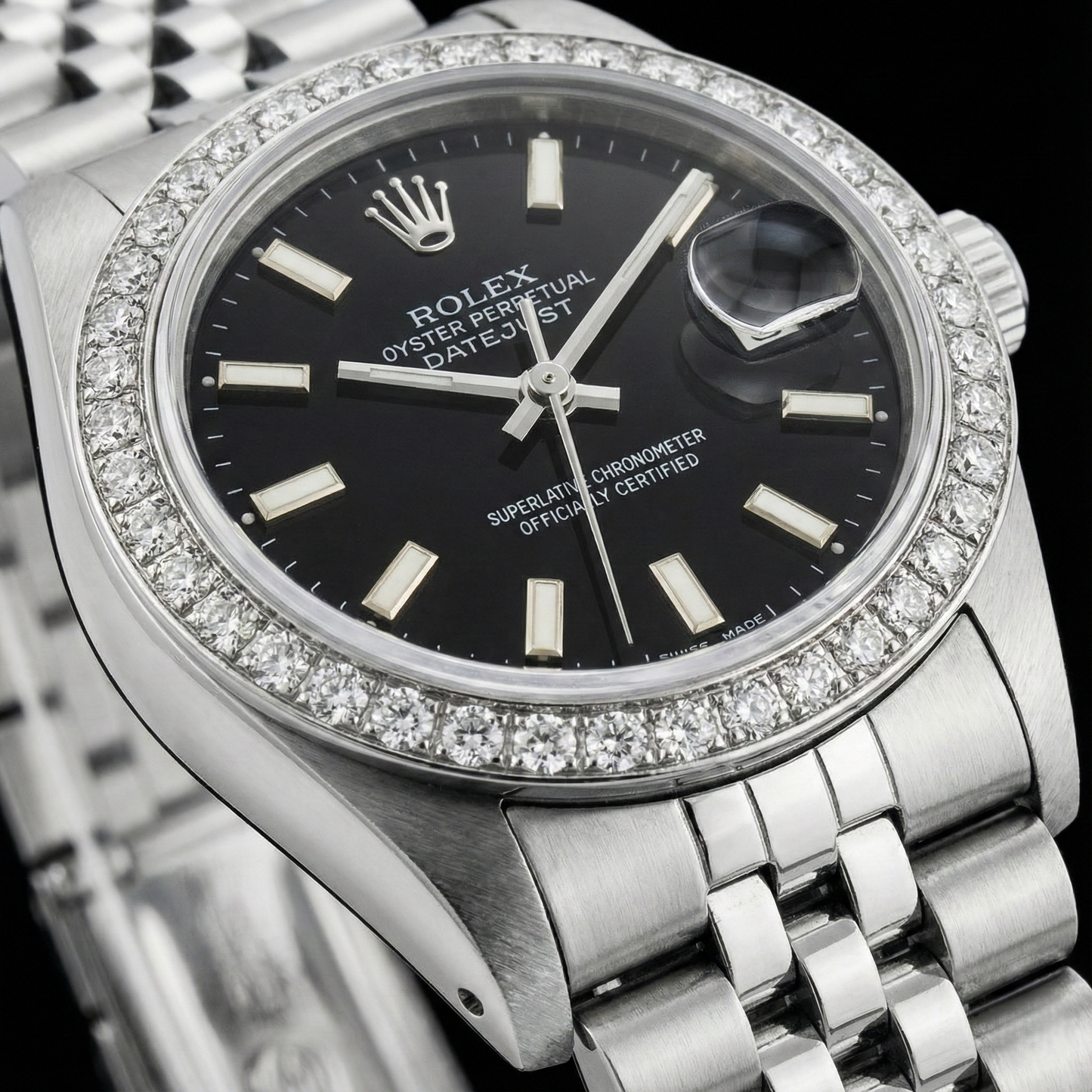 Ss Jubilee Bracelet Black Stick Dial Natural Earth Mined Diamond Bezel Rolex Watch