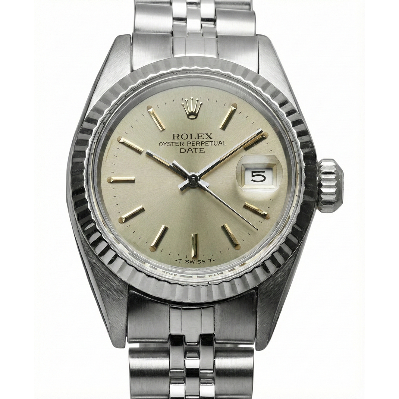 Stainless Steel Jubilee Date Watch Gray Stick Dial Fluted Bezel