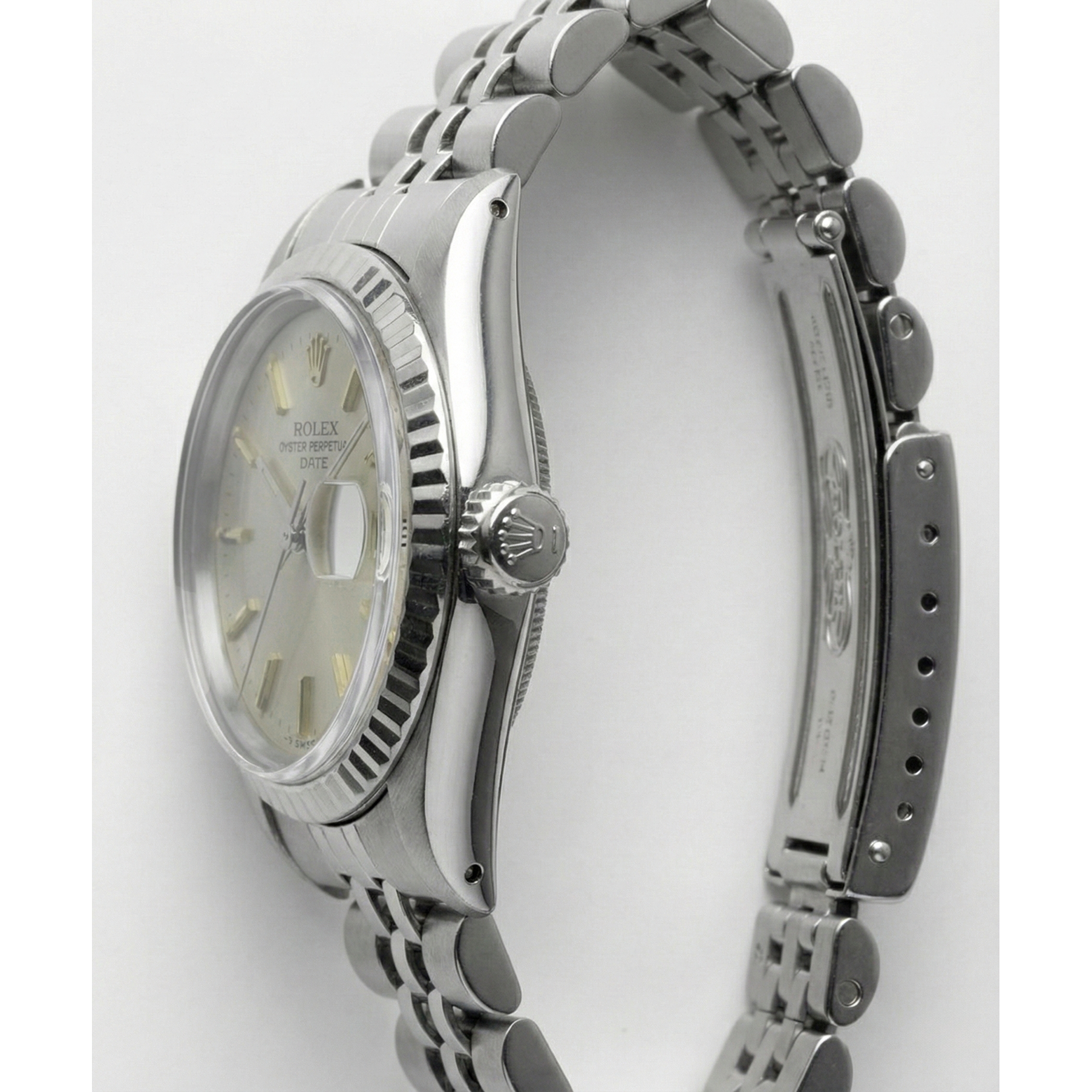 Stainless Steel Jubilee Date Watch Gray Stick Dial Fluted Bezel