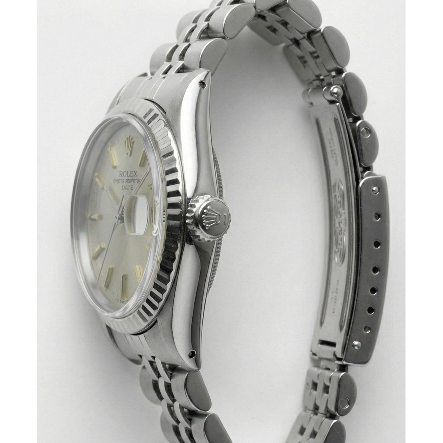 Stainless Steel Jubilee Date Watch Gray Stick Dial Fluted Bezel