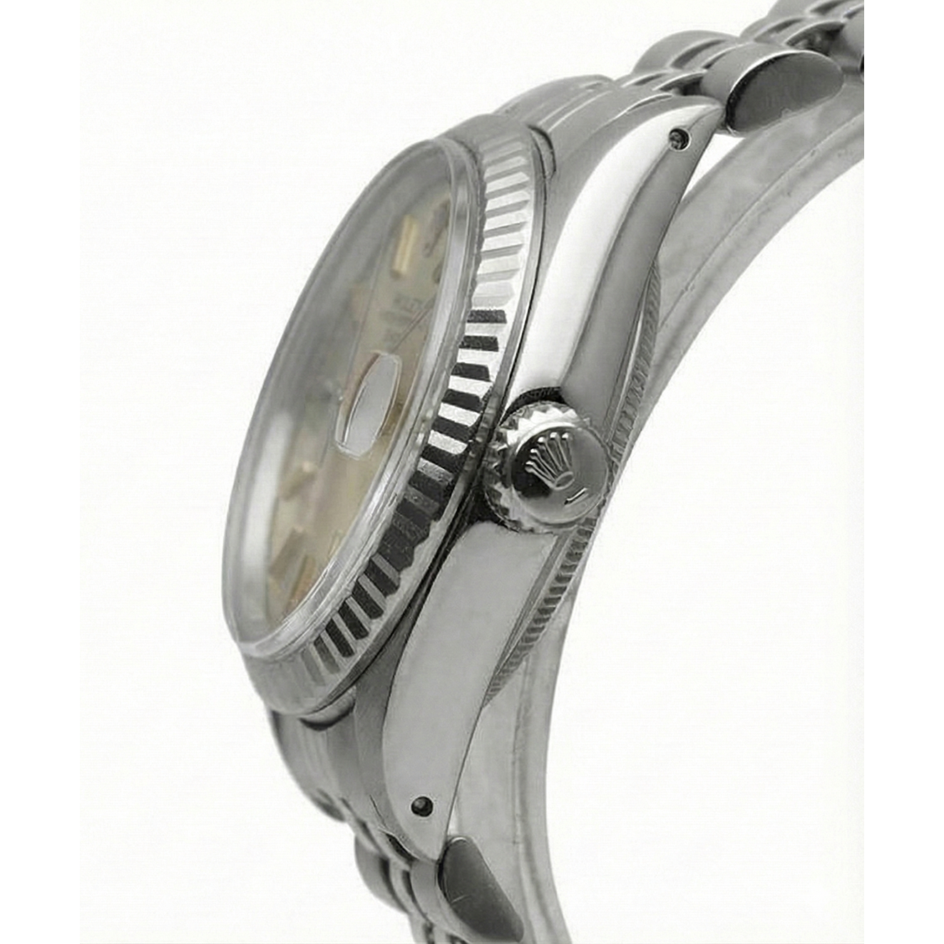 Stainless Steel Jubilee Date Watch Gray Stick Dial Fluted Bezel