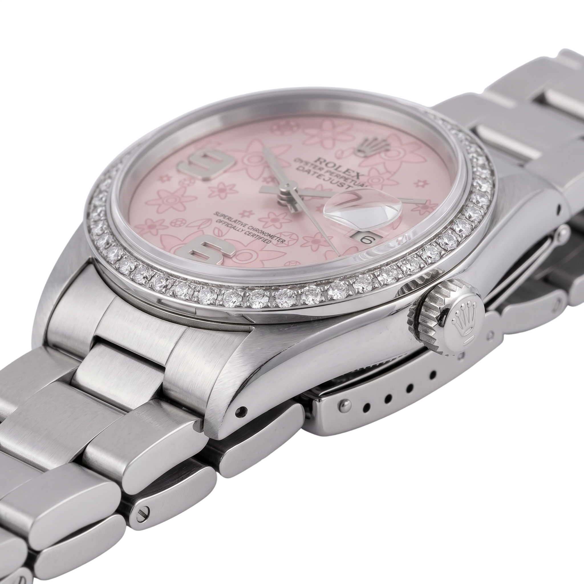 Stainless Steel Rolex Datejust Mens Watch Pink Dial Natural Earth Mined Diamond Bezel-QUICK SET