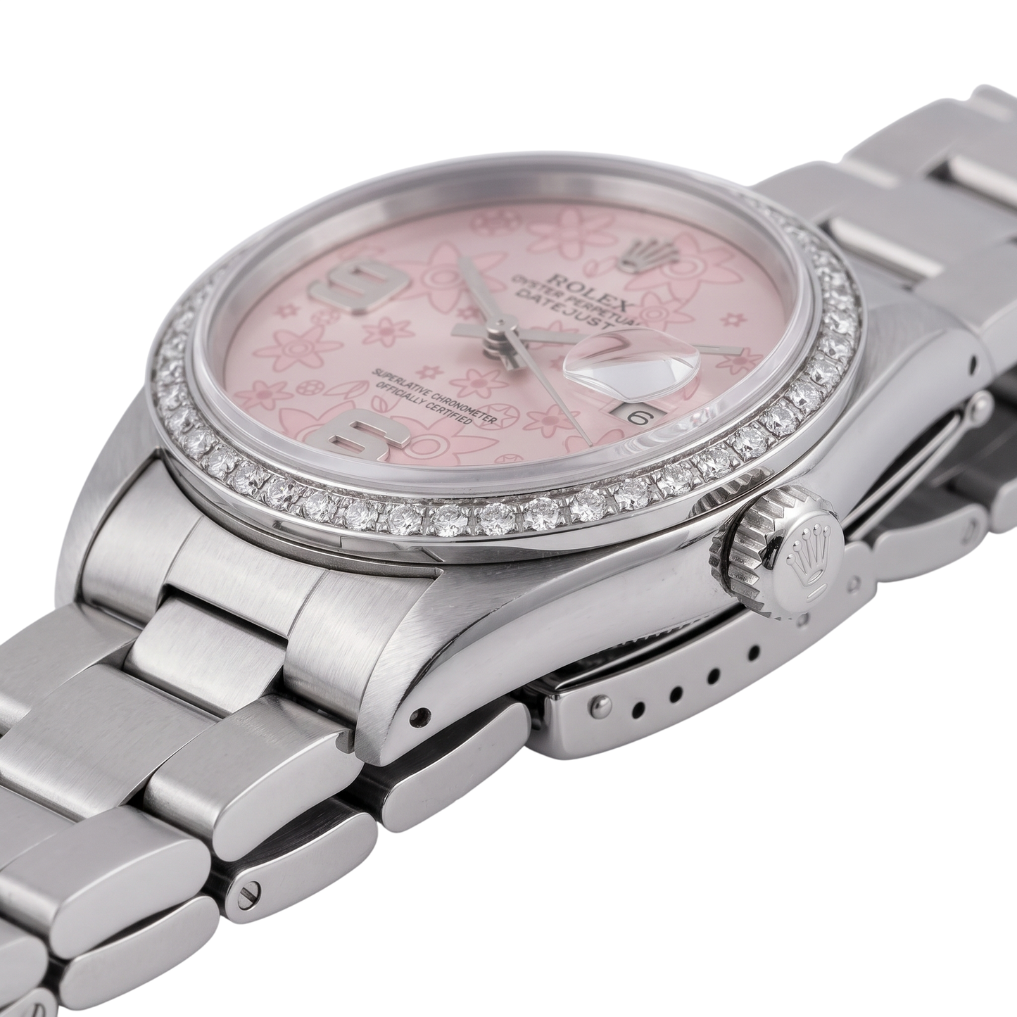 Stainless Steel Rolex Datejust Mens Watch Pink Dial Natural Earth Mined Diamond Bezel-QUICK SET