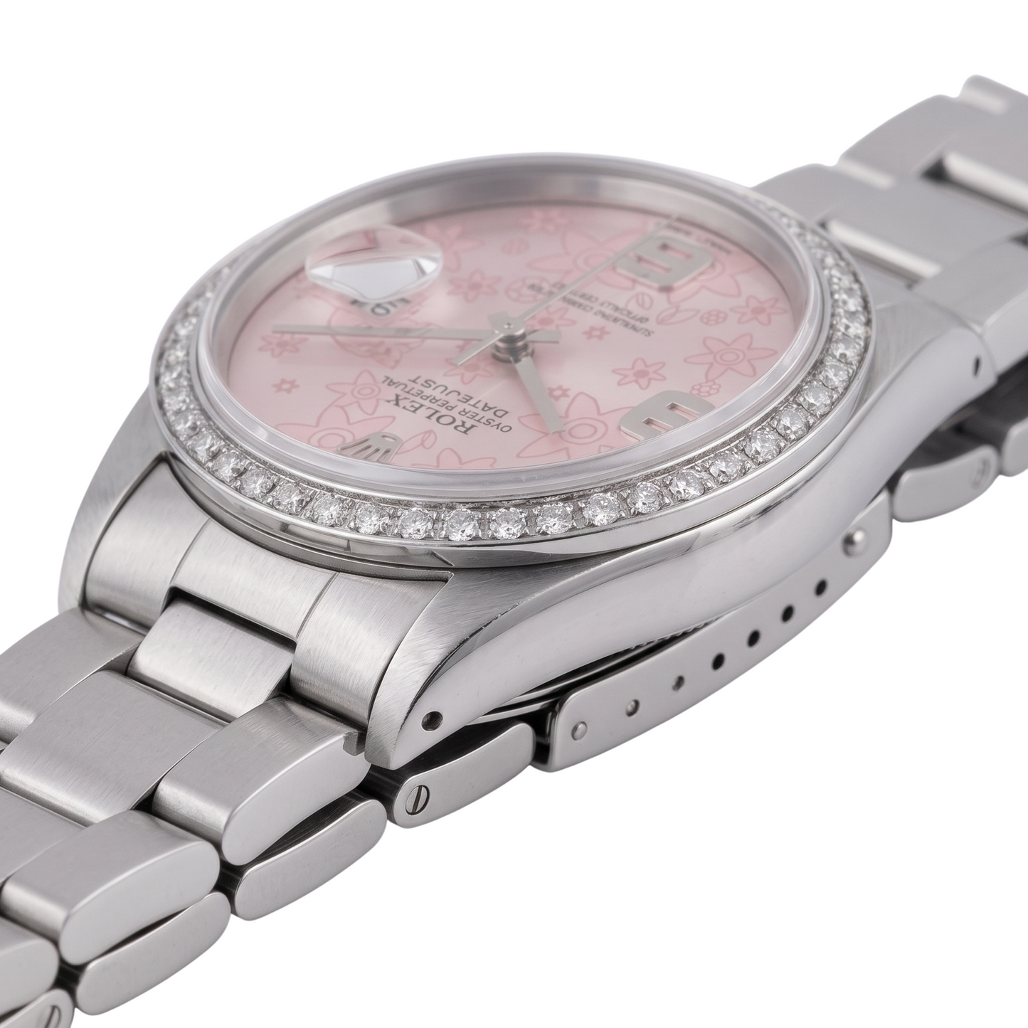 Stainless Steel Rolex Datejust Mens Watch Pink Dial Natural Earth Mined Diamond Bezel-QUICK SET