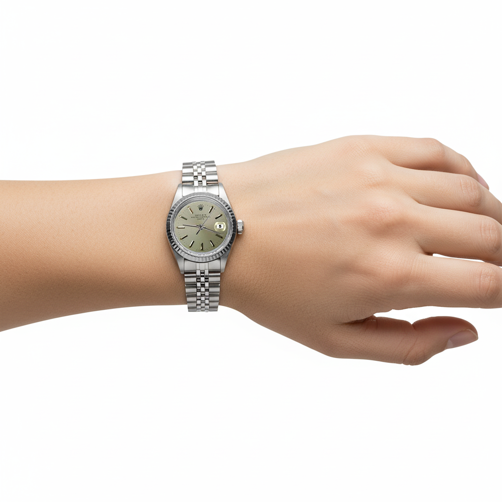 Stainless Steel Jubilee Date Watch Gray Stick Dial Fluted Bezel P2