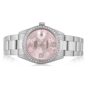 Stainless Steel Rolex Datejust Mens Watch-Pink Dial Diamond Bezel-QUICK SET