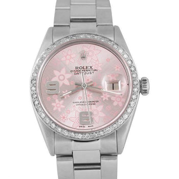 Stainless Steel Rolex Datejust Mens Watch Pink Dial Diamond Bezel-QUICK SET1