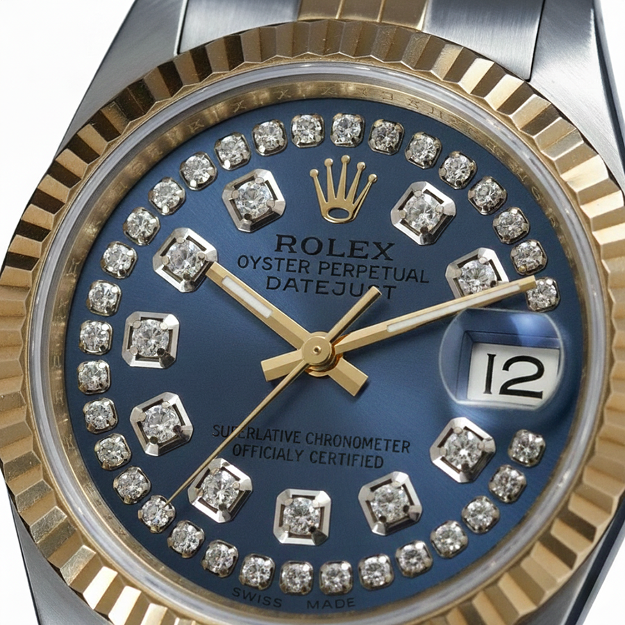 String Natural Earth Mined Diamond Dial Datejust Rolex Ladies Watch Ss & Gold