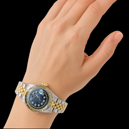 String Natural Earth Mined Diamond Dial Datejust Rolex Ladies Watch Ss & Gold