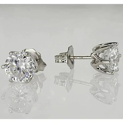 Stud Earrings 1.50 Carats Six Prong Real Round Diamond White Gold 14K