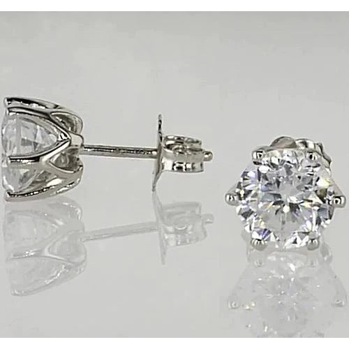 Stud Earrings 1.50 Carats Six Prong Real Round Diamond White Gold 14K
