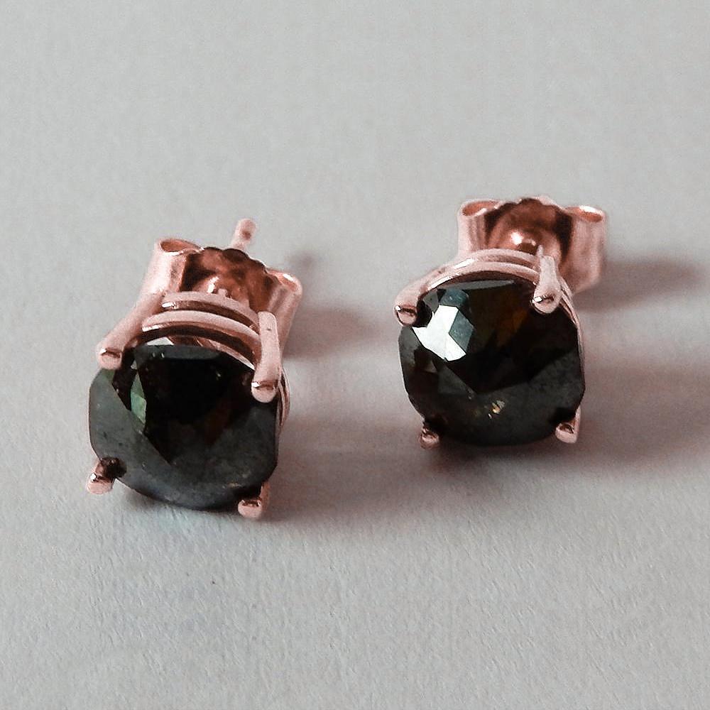Stud Earrings 7 Carats Cushion Natural Black Diamonds Rose Gold 14K Finish