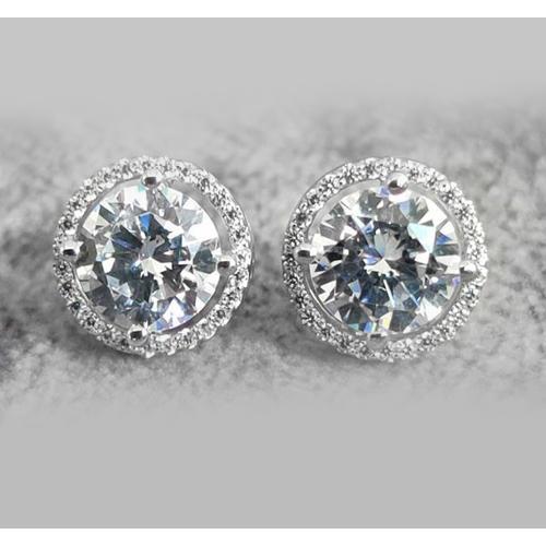 Stud Earrings Halo Round Real Diamonds 3.56 Carats 14K White Gold