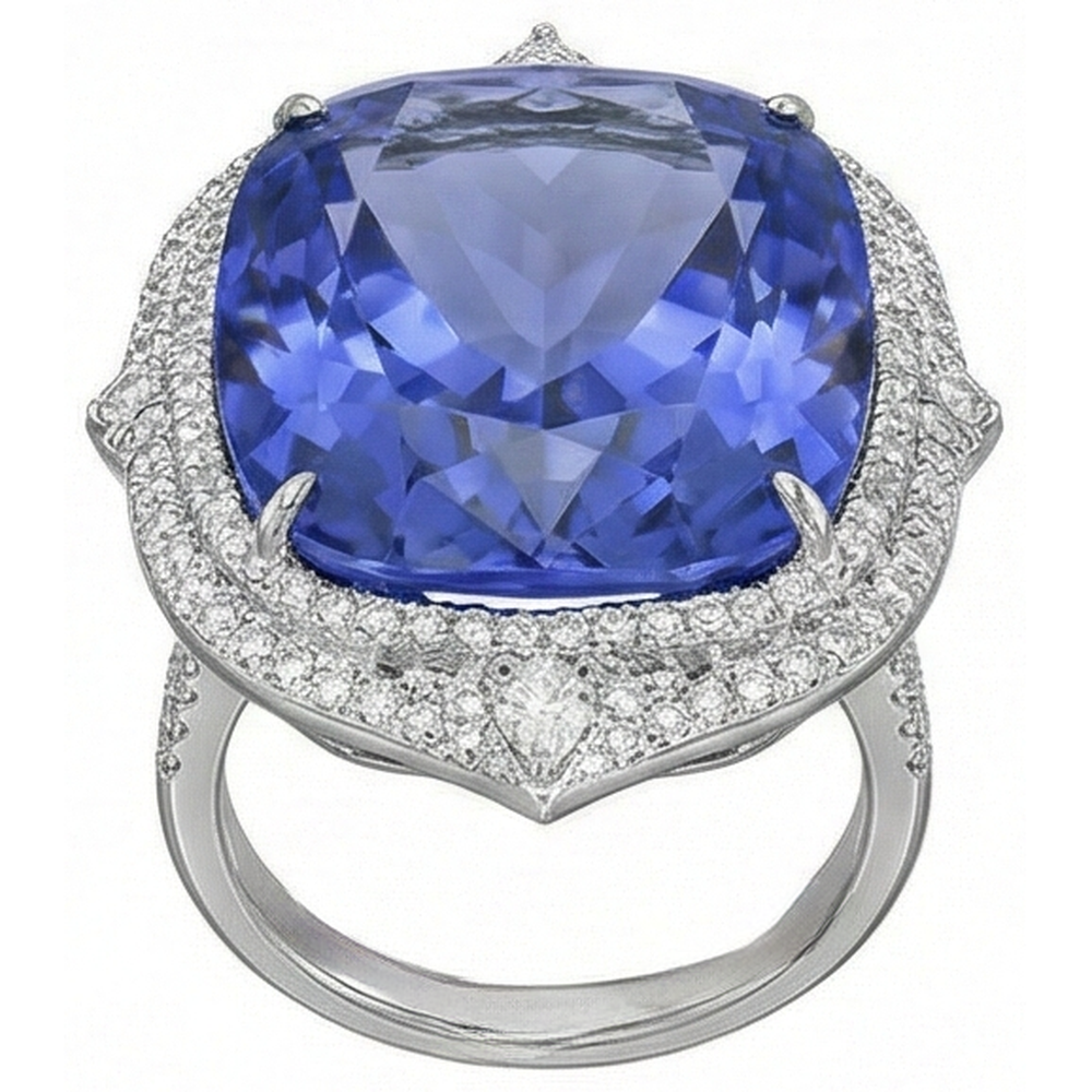 Tanzanite With Natural Earth Mined Diamonds 23.75 Ct Ring White Gold 14K