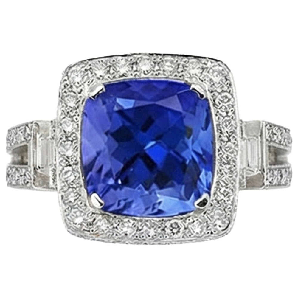 Tanzanite With Natural Earth Mined Diamonds 5.40 Ct Ring 14K White Gold