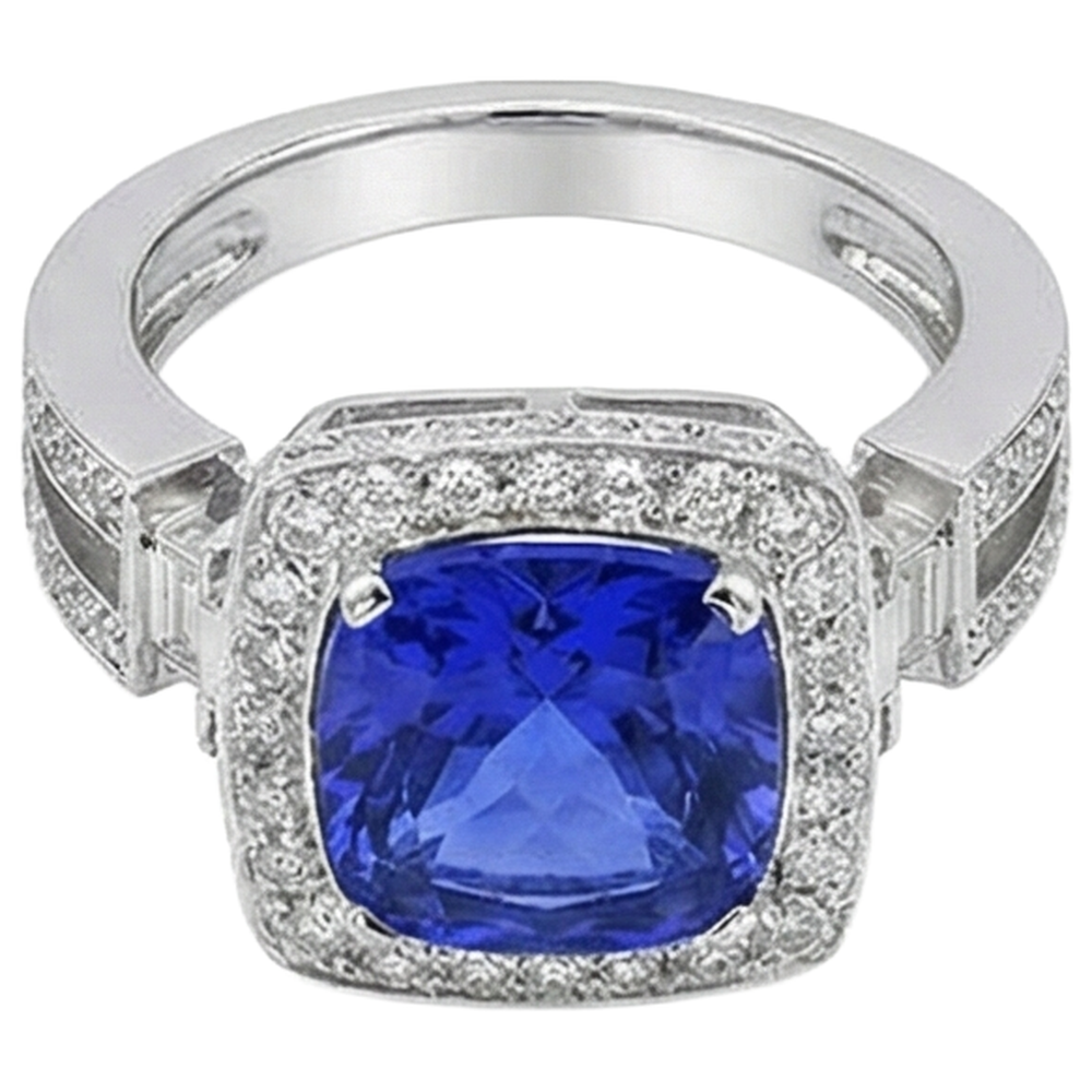 Tanzanite With Natural Earth Mined Diamonds 5.40 Ct Ring 14K White Gold