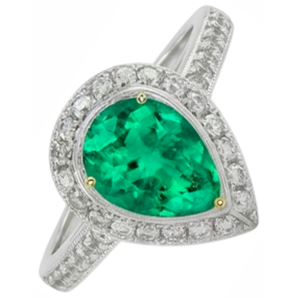 Fine Emerald Pear Shape Gemstone Ring in Two-Tone 14K Gold – top view