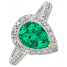 Fine Emerald Pear Shape Gemstone Ring in Two-Tone 14K Gold – top view