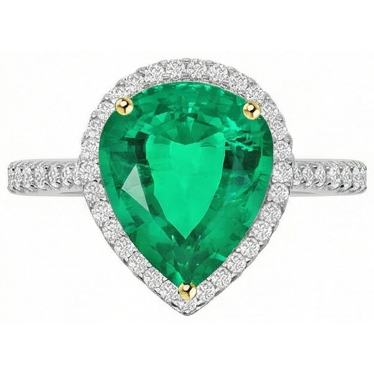 Pear Cut Fine Emerald ring in Two-Tone 14K Gold – front view