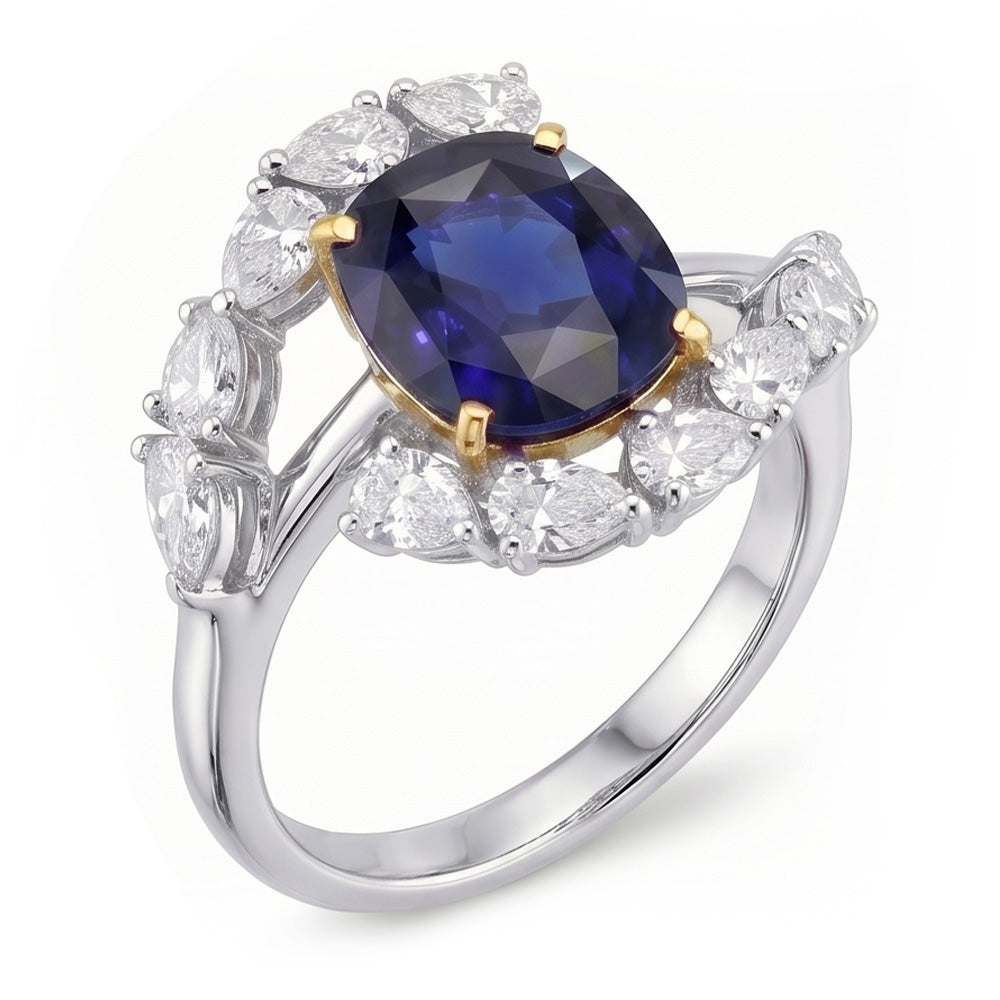 Tension Like Pear Natural Earth Mined Diamond Cushion Deep Blue Sapphire Ring 3.50 Carats