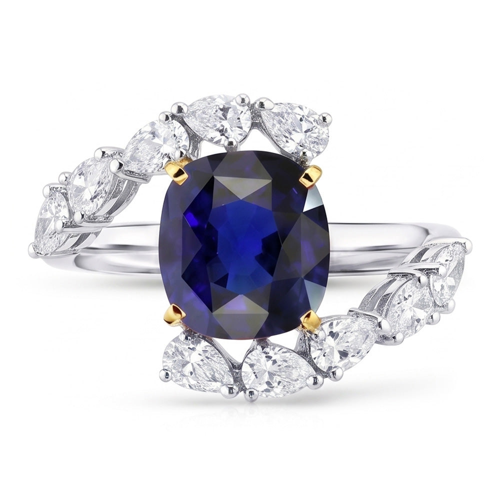 Tension Like Pear Natural Earth Mined Diamond Cushion Deep Blue Sapphire Ring 3.50 Carats
