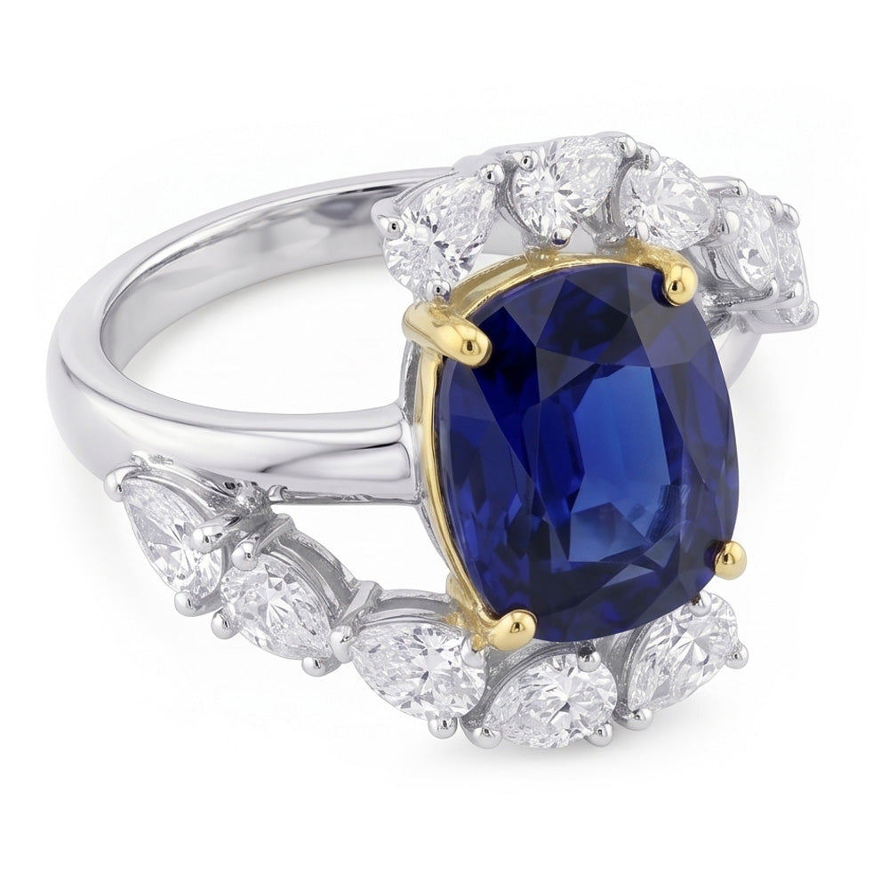 Tension Like Pear Natural Earth Mined Diamond Cushion Deep Blue Sapphire Ring 3.50 Carats