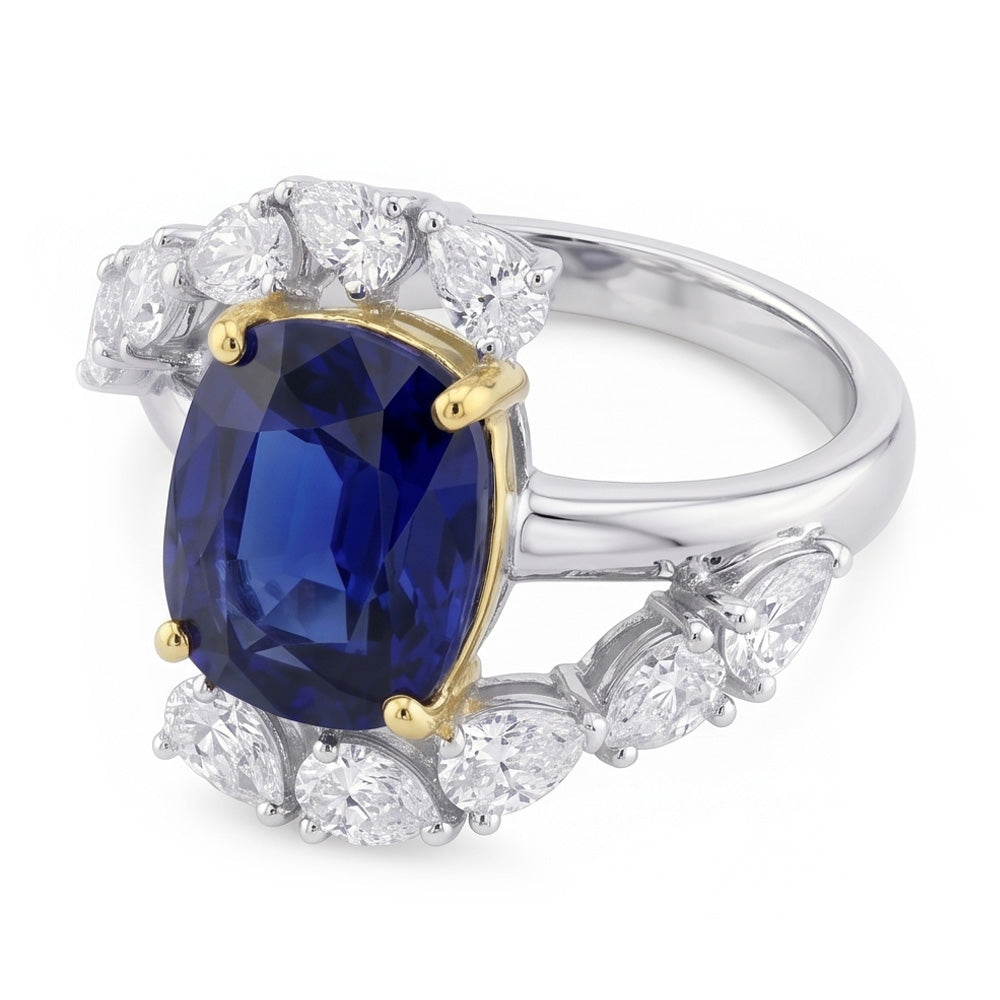 Tension Like Pear Natural Earth Mined Diamond Cushion Deep Blue Sapphire Ring 3.50 Carats