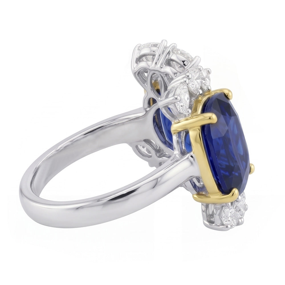 Tension Like Pear Natural Earth Mined Diamond Cushion Deep Blue Sapphire Ring 3.50 Carats