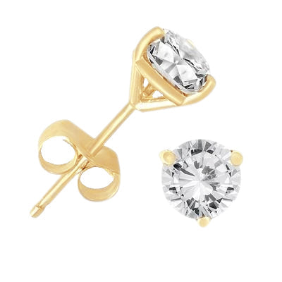 Three Prong Set Round 3 Carats Real Diamonds Studs Earrings Yellow Gold