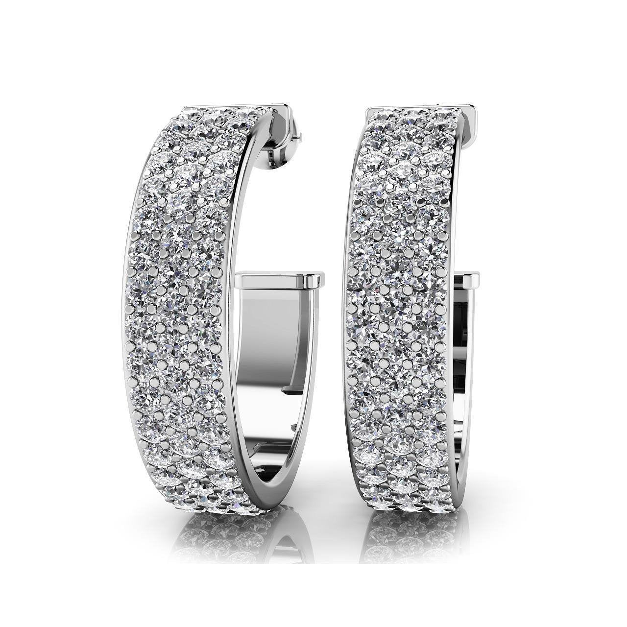 Three Row Round Cut 5.30 Carats Real Diamonds Hoop Earrings White Gold 14K