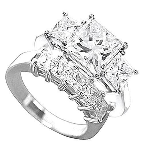 Three-Stone 2.5 Carat Princess Cut Real Diamond WG 14K Engagement Ring Set