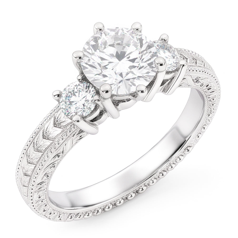 Three Stone 3.20 Carats Natural Earth Mined Diamonds Antique Style Ring White Gold 14K