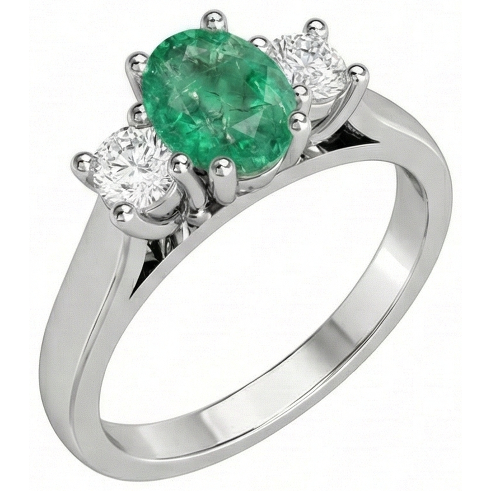 Three Stone 3.30 Carats Green Emerald And Natural Earth Mined Diamonds Wedding Ring 14K Gold