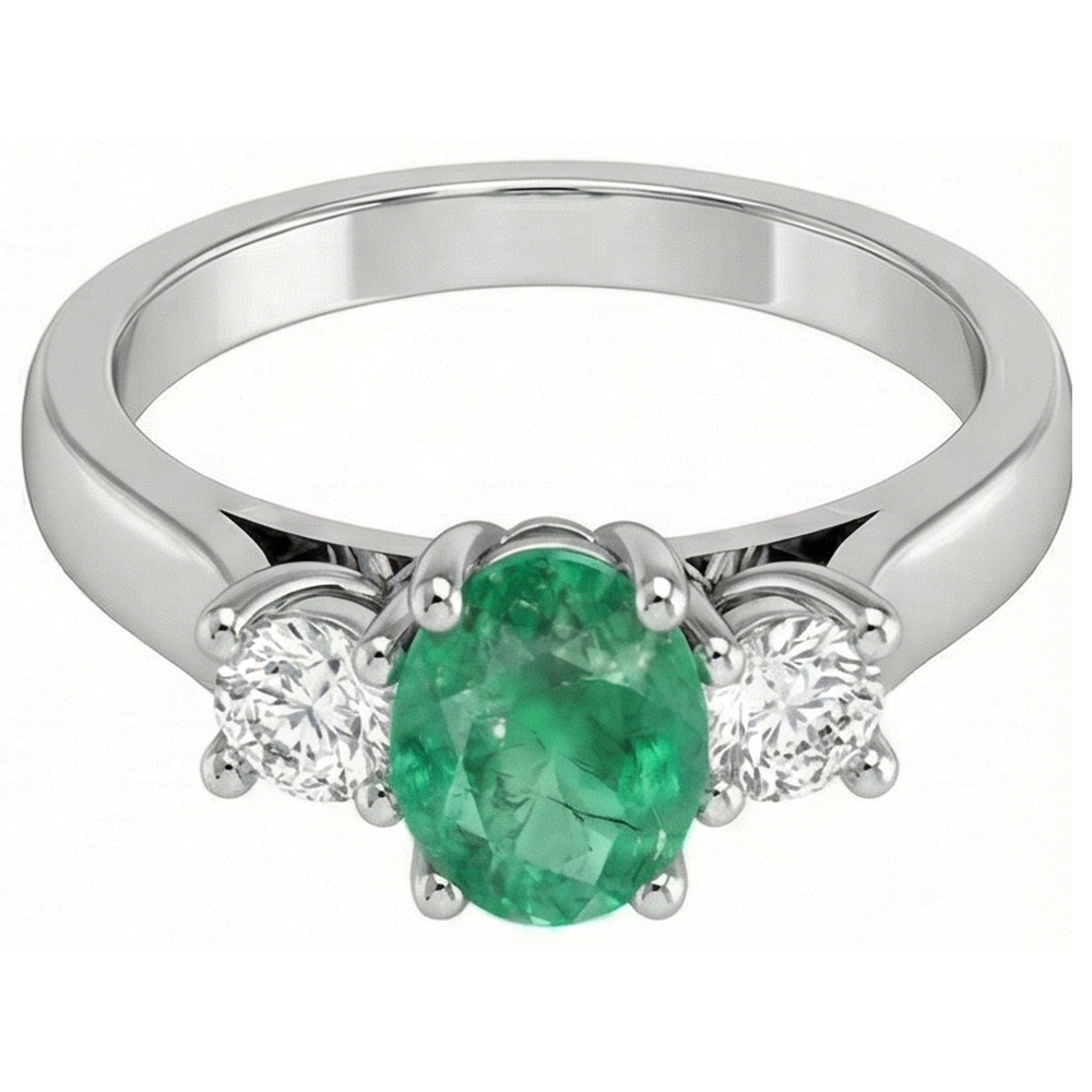 Three Stone 3.30 Carats Green Emerald And Natural Earth Mined Diamonds Wedding Ring 14K Gold