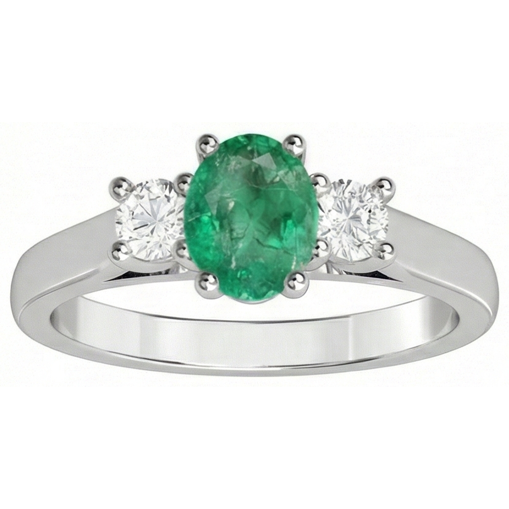 Three Stone 3.30 Carats Green Emerald And Natural Earth Mined Diamonds Wedding Ring 14K Gold