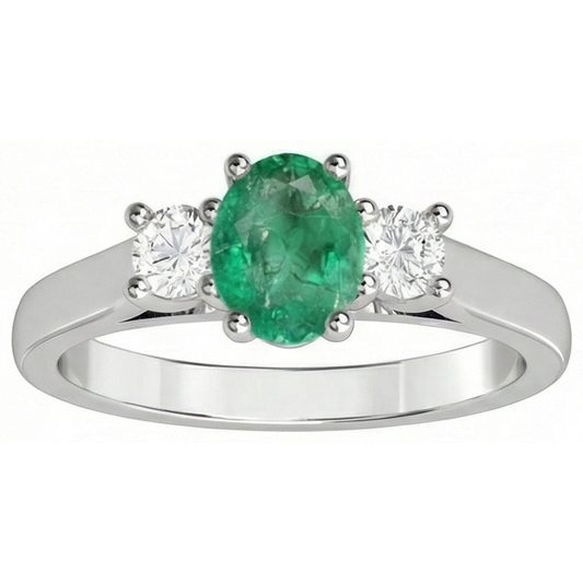 Three Stone 3.30 Carats Green Emerald And Natural Earth Mined Diamonds Wedding Ring 14K Gold