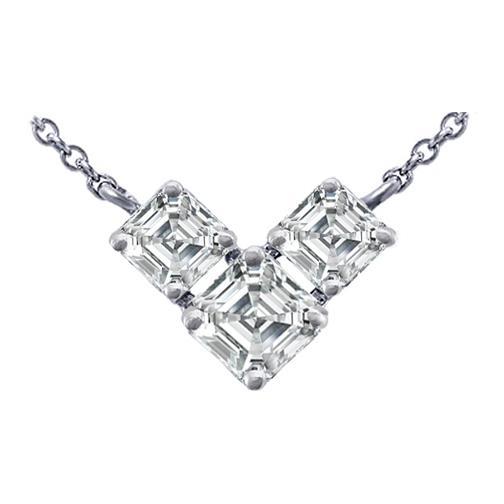 Three Stone Asscher Genuine Diamond Pendant Necklace 2 Carat White Gold 14K