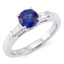 Three Stone Baguette Natural Earth Mined Diamond & Round Blue Sapphire Ring 2.25 Carats