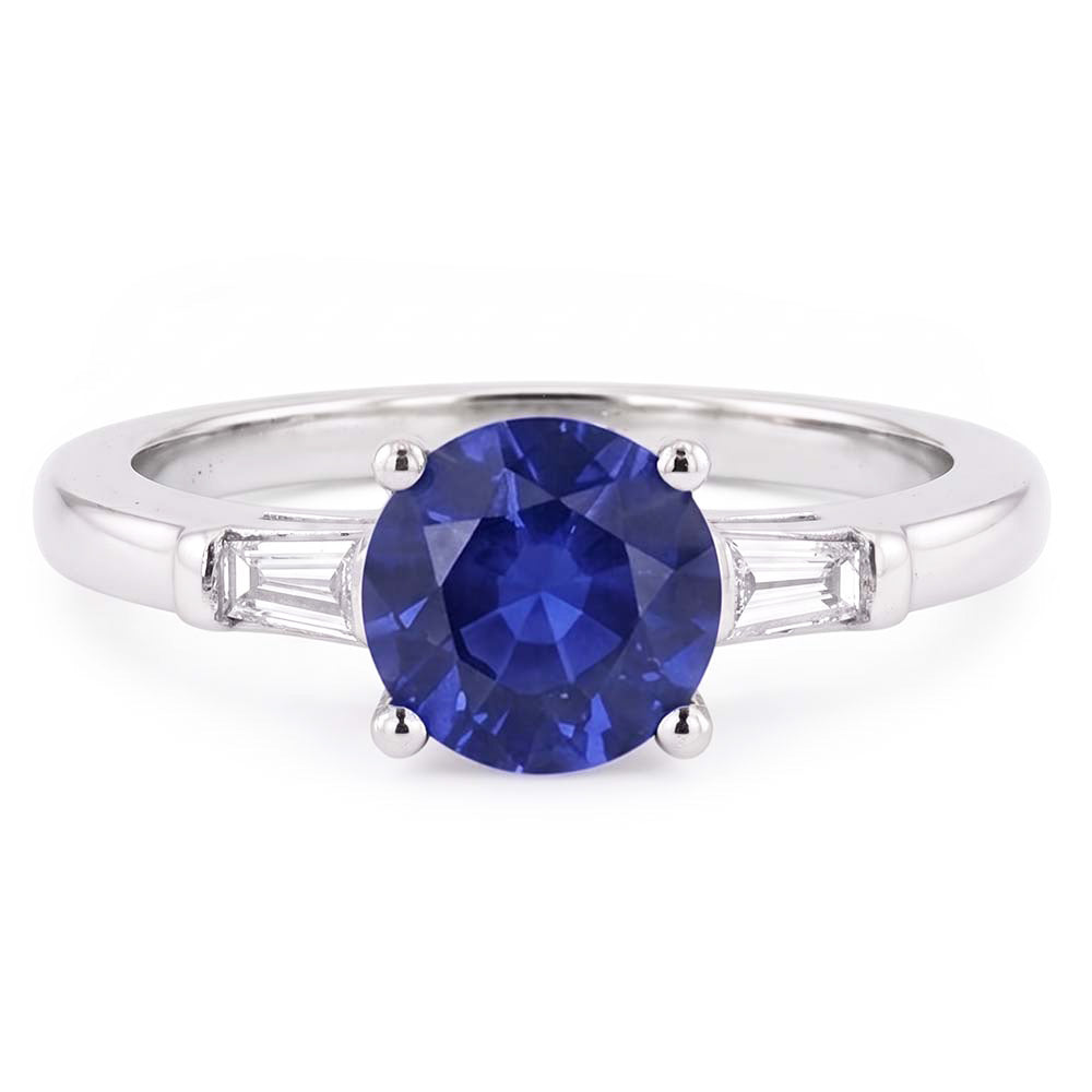 Three Stone Baguette Natural Earth Mined Diamond & Round Blue Sapphire Ring 2.25 Carats