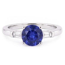 Three Stone Baguette Natural Earth Mined Diamond & Round Blue Sapphire Ring 2.25 Carats