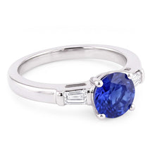 Three Stone Baguette Natural Earth Mined Diamond & Round Blue Sapphire Ring 2.25 Carats
